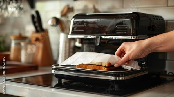 Fototapeta Intimate look at a hand using a dry napkin to clean a sandwich maker, emphasizing the texture of the black interior, kitchen background