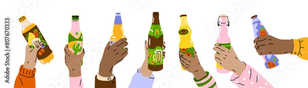 Fototapeta Hands hold bottles with different drinks. Fun party with friends. Celebrating a birthday, New Year or wedding. Vector illustration isolated on transparent background.