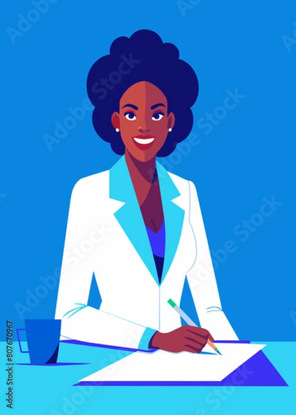 Fototapeta The image is a vibrant, cartoon-style illustration depicting a group of individuals, appearing to be women, engaged in various professional activities in an office or co-working environment.