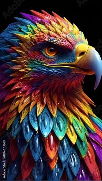 Obraz 3D vector rainbow colored, wavy fractal neon eagle head.