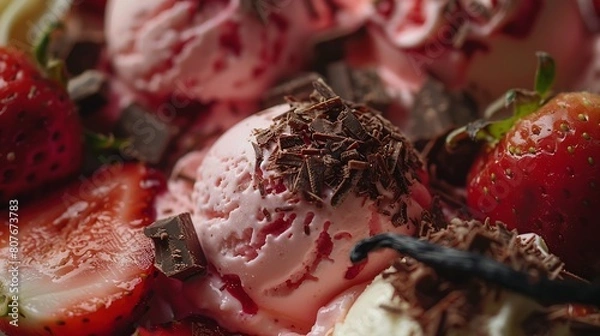 Obraz Wide angle of collection of delicious gelati with fresh strawberries and grated chocolate with aromatic vanilla pod : Generative AI