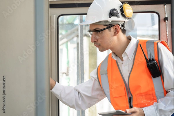 Fototapeta Portrait Asia male engineer in protective workwear is checking a electrical control cabinet or circuit electric control button with tablet computer at rooftop building	