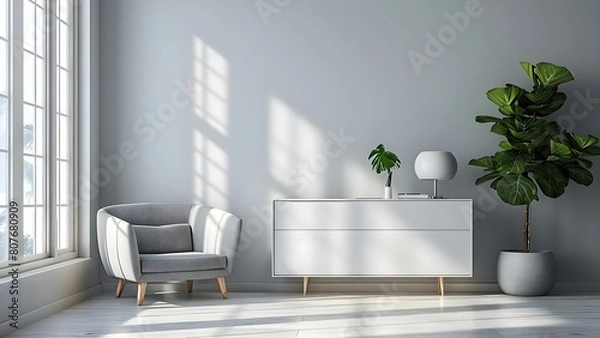 Fototapeta Minimalist Interior Design: White Cabinet, Plant, and Grey Furniture. Concept Neutral Colors, Modern Decor, Functional Spaces, Cozy Atmosphere