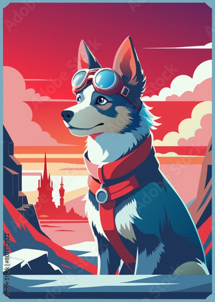Fototapeta A highly stylized and vibrant digital illustration features a dog, likely a terrier breed, wearing an aviator's helmet and goggles, depicted with bold outlines and a playful, artistic flair on 