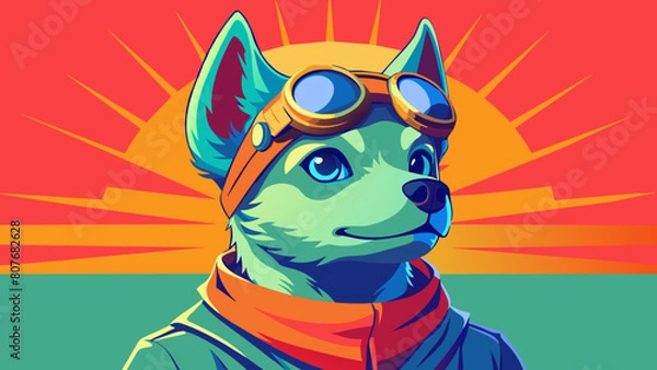 Fototapeta A highly stylized and vibrant digital illustration features a dog, likely a terrier breed, wearing an aviator's helmet and goggles, depicted with bold outlines and a playful, artistic flair on 