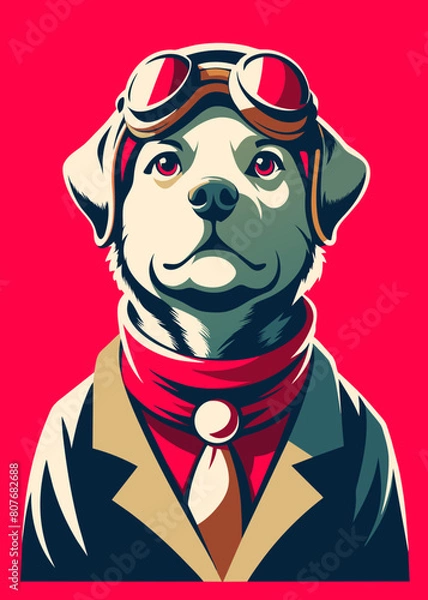 Fototapeta A highly stylized and vibrant digital illustration features a dog, likely a terrier breed, wearing an aviator's helmet and goggles, depicted with bold outlines and a playful, artistic flair on 
