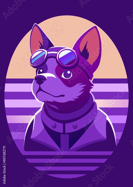 Fototapeta A highly stylized and vibrant digital illustration features a dog, likely a terrier breed, wearing an aviator's helmet and goggles, depicted with bold outlines and a playful, artistic flair on 