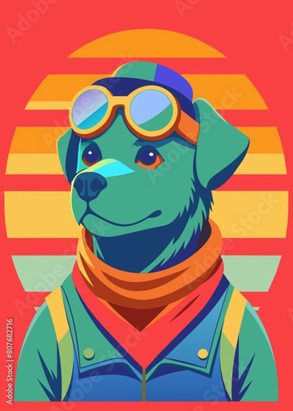 Fototapeta A highly stylized and vibrant digital illustration features a dog, likely a terrier breed, wearing an aviator's helmet and goggles, depicted with bold outlines and a playful, artistic flair on 