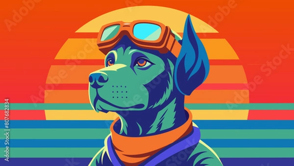 Fototapeta A highly stylized and vibrant digital illustration features a dog, likely a terrier breed, wearing an aviator's helmet and goggles, depicted with bold outlines and a playful, artistic flair on 