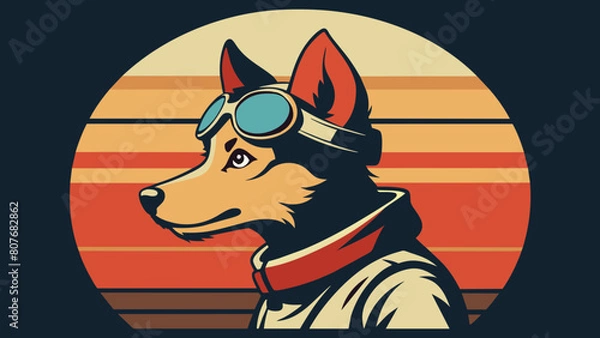 Fototapeta A highly stylized and vibrant digital illustration features a dog, likely a terrier breed, wearing an aviator's helmet and goggles, depicted with bold outlines and a playful, artistic flair on 