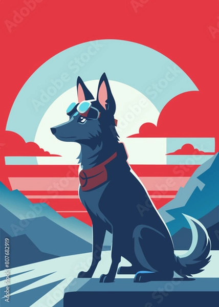 Fototapeta A highly stylized and vibrant digital illustration features a dog, likely a terrier breed, wearing an aviator's helmet and goggles, depicted with bold outlines and a playful, artistic flair on 