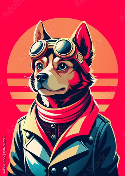 Fototapeta A highly stylized and vibrant digital illustration features a dog, likely a terrier breed, wearing an aviator's helmet and goggles, depicted with bold outlines and a playful, artistic flair on 