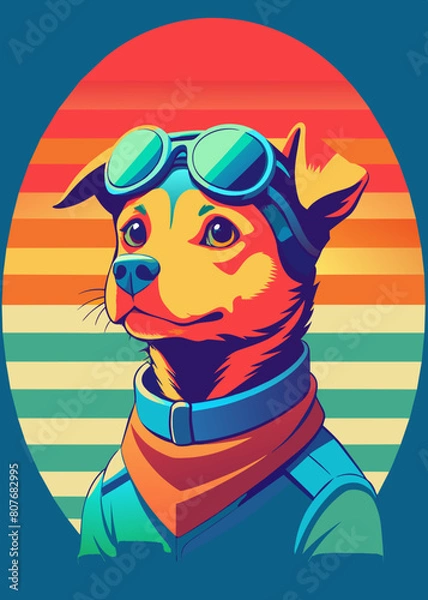 Fototapeta A highly stylized and vibrant digital illustration features a dog, likely a terrier breed, wearing an aviator's helmet and goggles, depicted with bold outlines and a playful, artistic flair on 