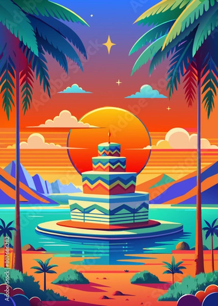 Fototapeta A vibrant, stylized illustration depicts a tranquil retro island scene with palm trees on a beach, a calm turquoise sea, and a distant mountain under a bright blue sky, all rendered in a clean,