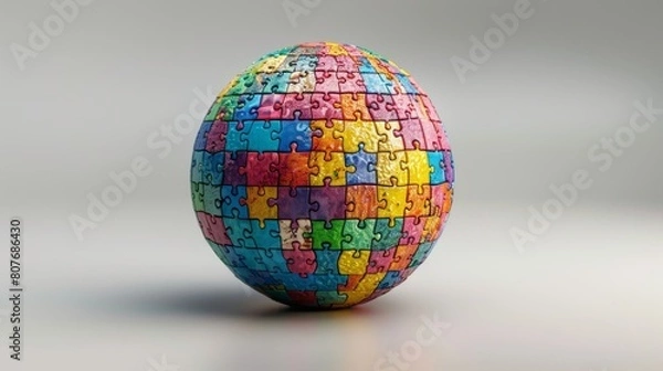 Obraz A globe made up of colorful puzzle pieces, each piece representing a different nation working together to form a whole.