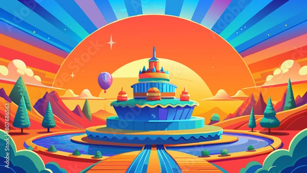 Fototapeta A vibrant, stylized illustration depicts a tranquil retro island scene with palm trees on a beach, a calm turquoise sea, and a distant mountain under a bright blue sky, all rendered in a clean,