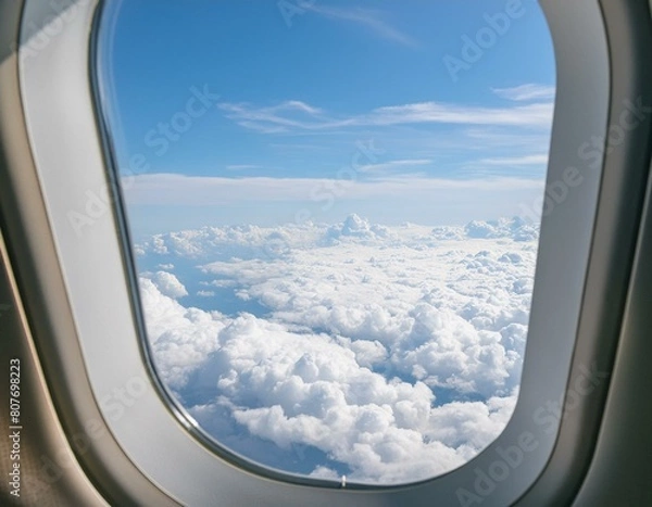 Fototapeta a view of the clouds from an airplane window with a sky background.