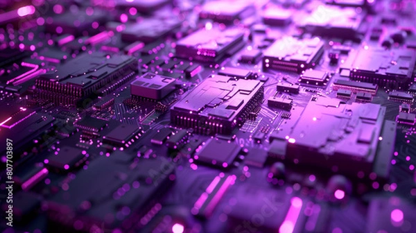 Fototapeta  A close up of a computer chip with many glowing lights. Concept of technology and complexity