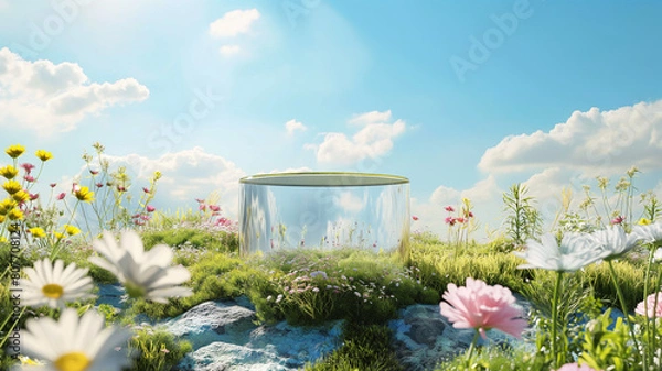 Obraz 3d render spring scene and Natural background, Stone podium on the colorful flowers and grass field, backdrop blue sky and cloud for product display, transparence, mockup glass
