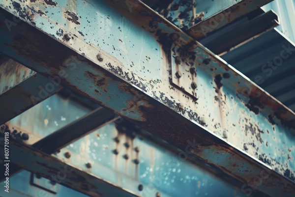 Fototapeta A complex web of corroded metal beams in subdued blue tones.