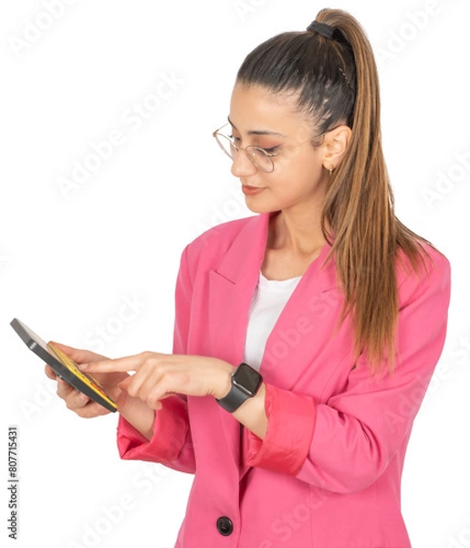 Fototapeta Using calculator, smiling focused successful business woman employee wear formal pink suit holding using calculator. Isolated transparent png background image.