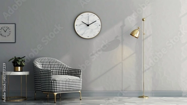 Fototapeta A TV lounge with a statement wall clock, a houndstooth armchair, and a brass floor lamp