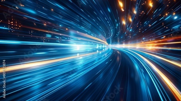 Obraz Blue light speed background with streaks of white and orange lights, representing fast data transfer or futuristic technology
