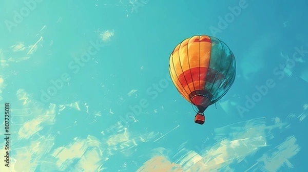 Fototapeta A colorful hot air balloon floats in the clear blue sky landscape abstract art poster background