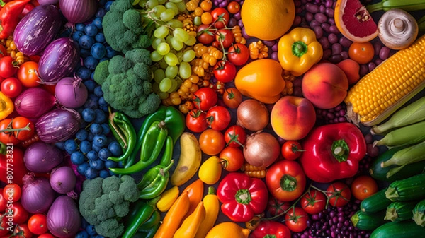 Fototapeta Top view of colorful vegetables and fruits arranged in a rainbow color gradient