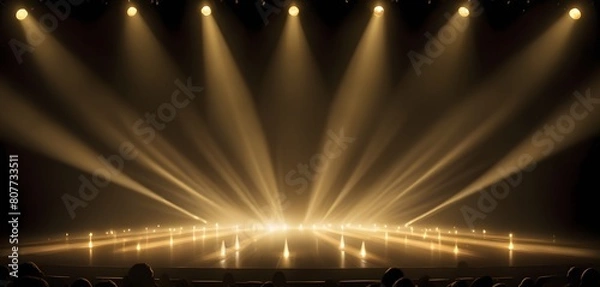 Fototapeta Podium with golden light lamps background. Golden light award stage with rays and sparks