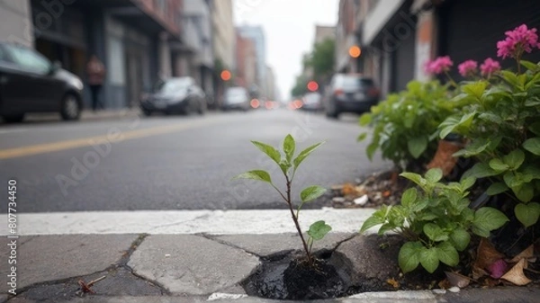 Fototapeta A line of green trees with leaves separates a busy city street with black asphalt from a sidewalk with fresh spring grass