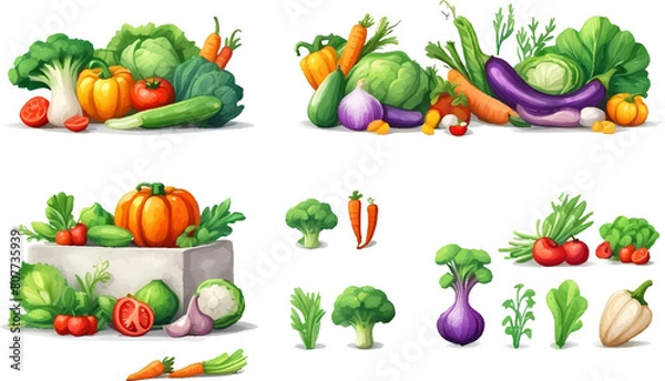 Fototapeta Vector vegetables icons set in cartoon style. Collection farm product for restaurant menu, market label.