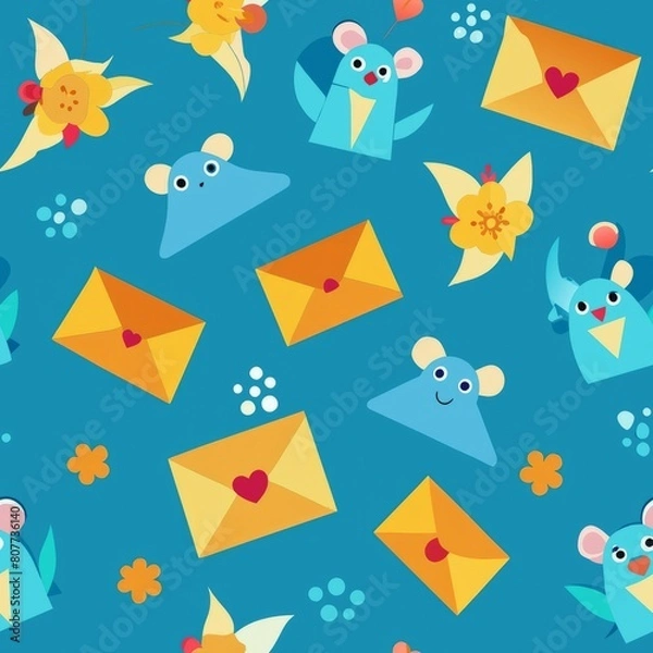 Fototapeta Seamless pattern of envelopes featuring whimsical illustrations of animals, flowers, and other cheerful motifs, creating a vibrant and joyful wrapping paper design, Generative AI