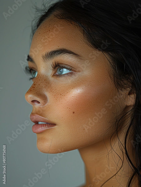 Fototapeta A close-up of a young woman's profile portrait in a studio