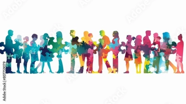 Fototapeta Colorful puzzle pieces form the silhouette of diverse business people