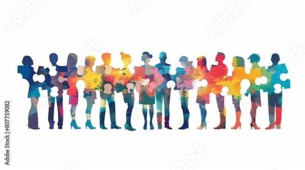 Fototapeta Colorful puzzle pieces form the silhouette of diverse business people