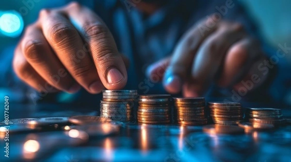 Fototapeta picture of man putting stack of coins into one row
