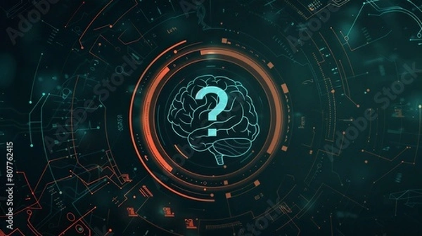 Fototapeta The image is a glowing blue and orange brain on a dark blue background with a question mark in the center of the brain