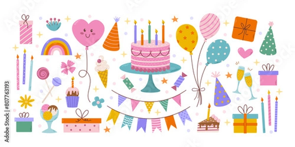 Fototapeta Birthday big decorative elements set. Different party objects, colorful holiday items, gift, cake, ballon and garlands, vector flat illustration