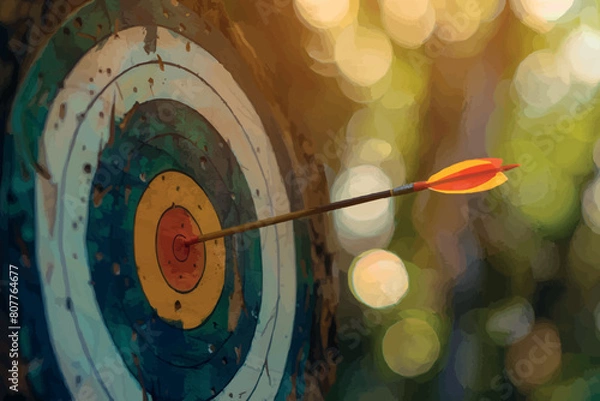 Fototapeta close up red dart arrow hitting on target center of dartboard, sport and recreation, planning and manage to success business, economic crisis risk and problem concept