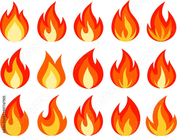 Obraz Fire emoji. Campfire burning flame, cartoon hot red bonfire, fireball abstract cool awesome symbol. Isolated wildfire vector icons set