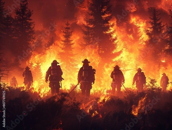 Fototapeta A group of firefighters are walking through a burning field