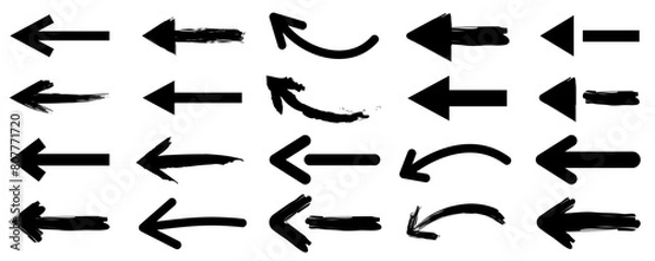 Obraz Grunge arrow vector. Set simple arrows isolated on white background. Arrow mark icons. Grunge arrow pain. Black grunge hand drawn arrows. Vector illustration