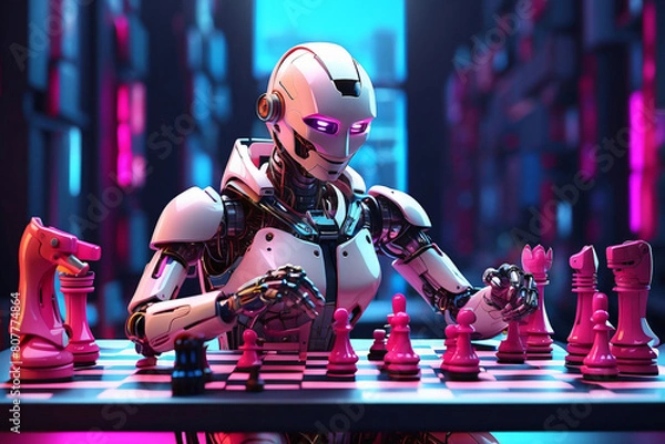 Obraz Neon robot playing chess