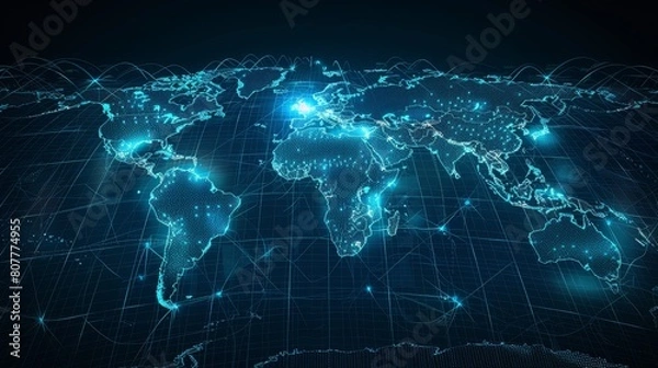 Fototapeta Digital World Map: A 3D vector illustration of a digital world map projection