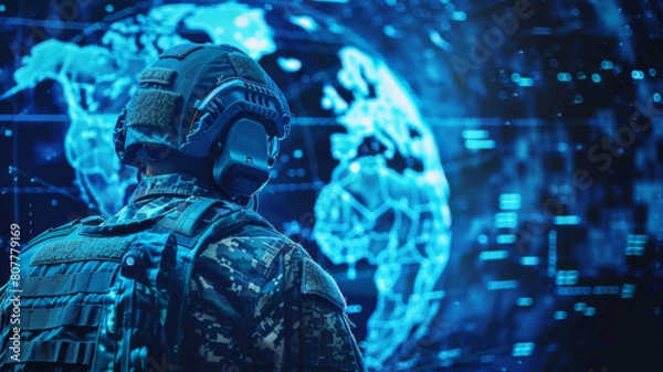 Obraz Monitoring and managing security technology in a military surveillance hub headquarters. Concept Military Surveillance