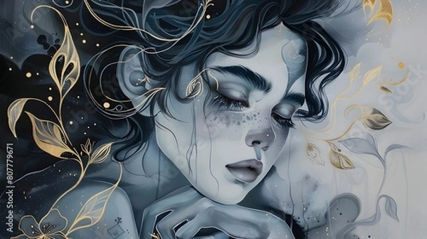 Fototapeta Ethereal Portrait of a Contemplative Mystical Woman Amidst Starry Night Atmosphere
