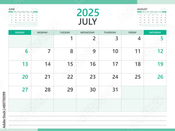 Fototapeta Calendar 2025 template vector on green background, July 2025 template, Planner, week start on Sunday,  Desk calendar 2025 design, minimal wall calendar, Corporate planner template vector