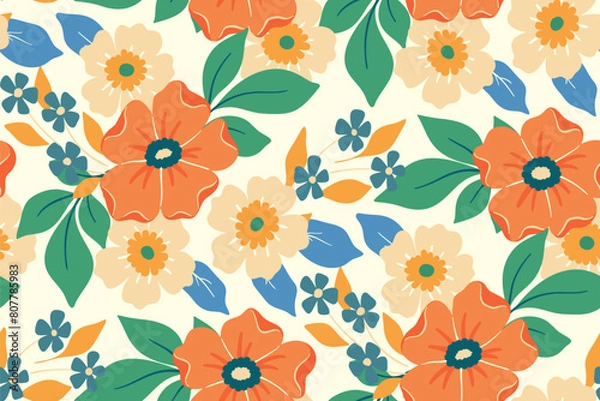 Fototapeta Creative seamless floral pattern: colorful blossoms, leaves for spring and summer designs in fashion, textiles, wallpapers. Abstract ditsy print of large decorative daisy flowers. Vector illustration.