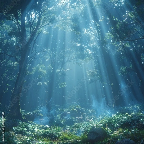 Fototapeta A blue aura illuminating a lush green forest with a soft, otherworldly glow
